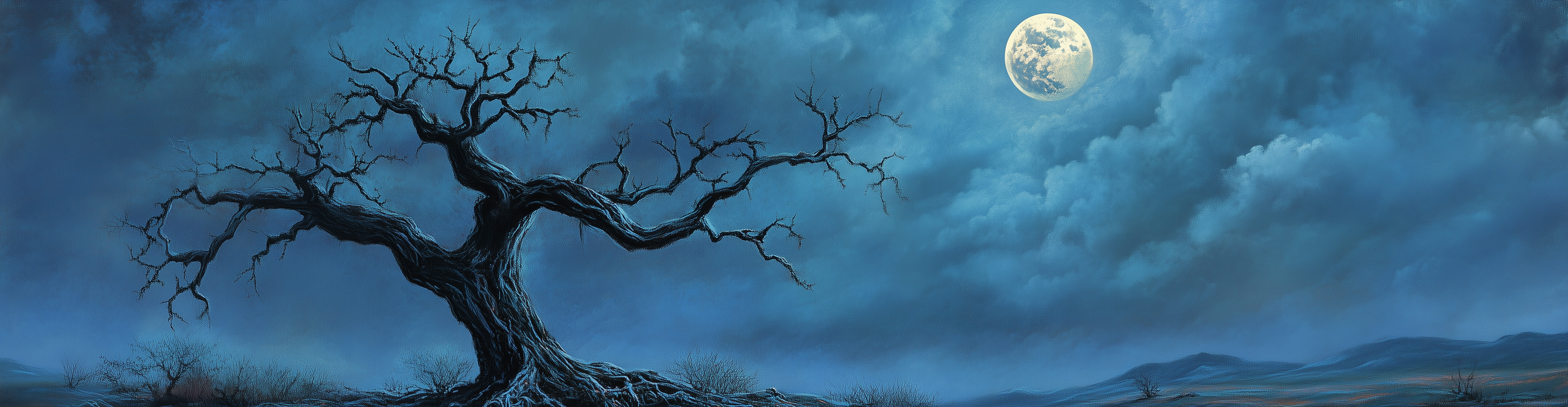 Ancient dead tree in moonlight